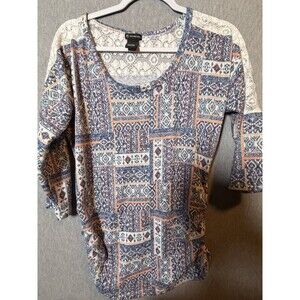 NEW DIRECTIONS Women's M Blue Orange Patterned Lace Yoke 3/4 Sleeve Pullover Top